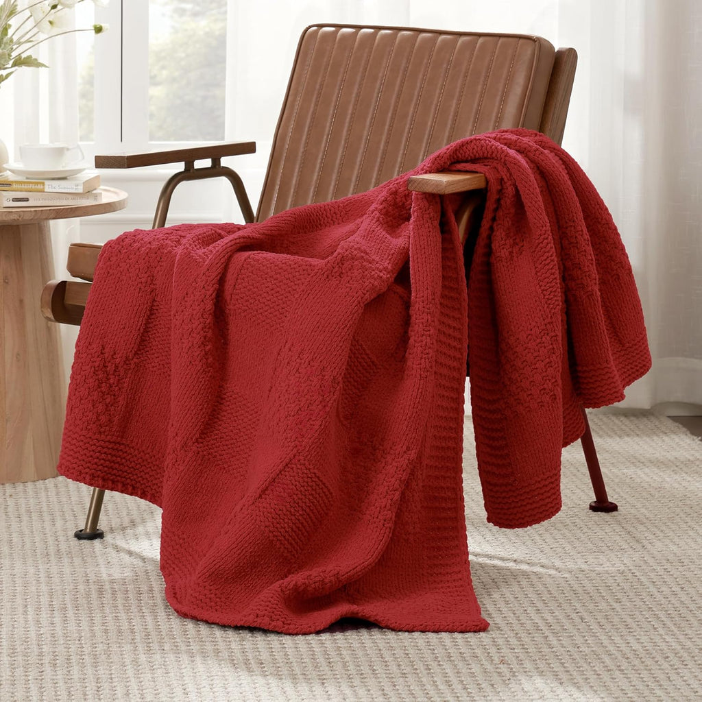 Amélie Home Chenille Knit Throw Blanket for Couch, Checkered Texture Decorative Soft Blanket for Sofa, Bed & Living Room, 50"x60", Red
