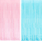 BRAVESHINE Tinsel Photo Backdrop Curtains - 2 Pack 3.2x8.2ft Pastel Pink Blue Foil Fringe Streamer Curtain for Boy or Girl Birthdays Sweet Donuts Easter Party Decorations