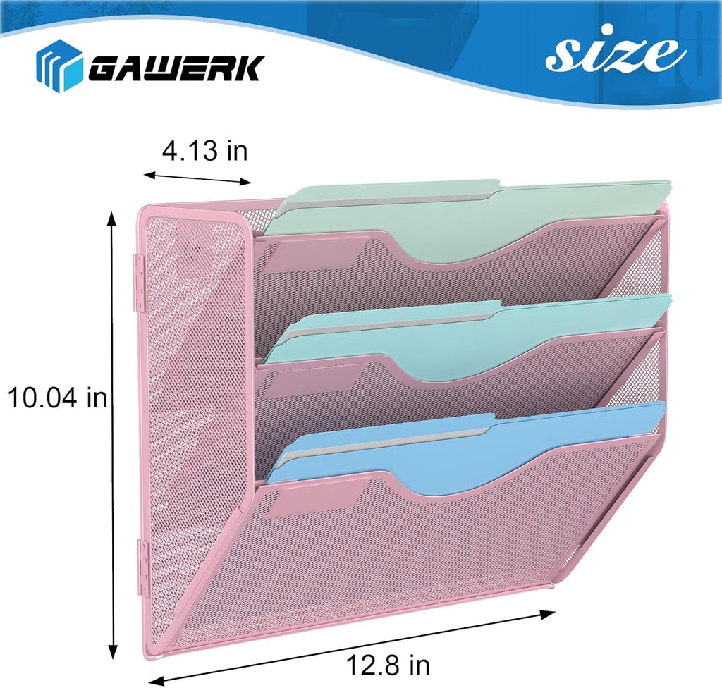 3 Tier Hanging Wall File Organizer, Mesh Mail Paper Orgnization Hanging File Folder Holder for Home Office, Pink