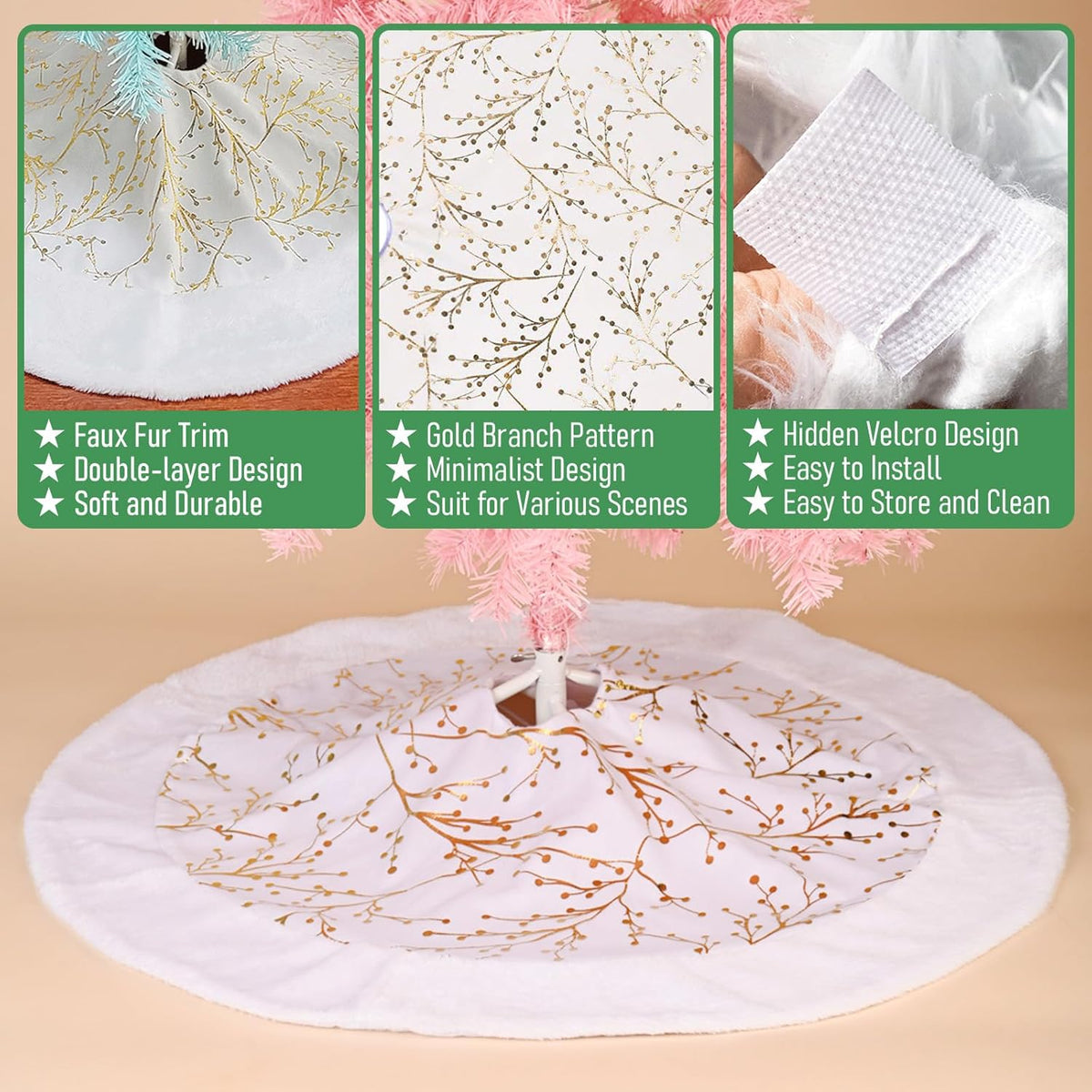 White-Gold Christmas Tree Skirt, White Faux Fur Plush Trim, Embellished with Golden Branches Pattern, Big Thick Velvet Xmas Tree Mat for Home Decoration, Gold Santa Skirt for Trees