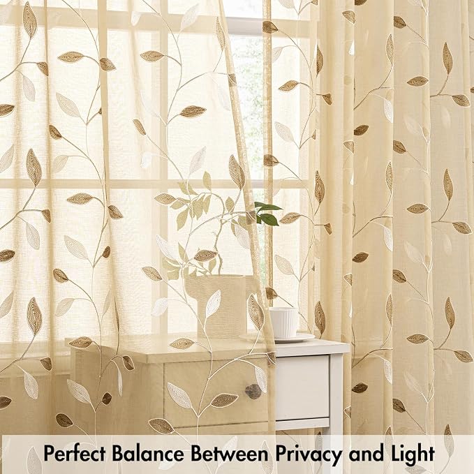 MIULEE Khaki Sheer Curtains 2 Panels Embroidered Leaf Patterned, W52 x L54 | - Image 5