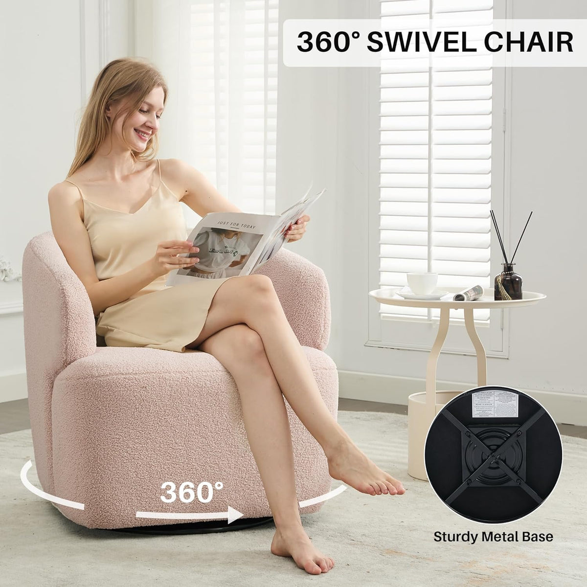 Swivel Accent Chair, Sherpa Teddy Barrel Chair for Living Room, Cozy Round Boucle Arm Chair, Metal Base for Club Nursery Bedroom, Light Blush Pink