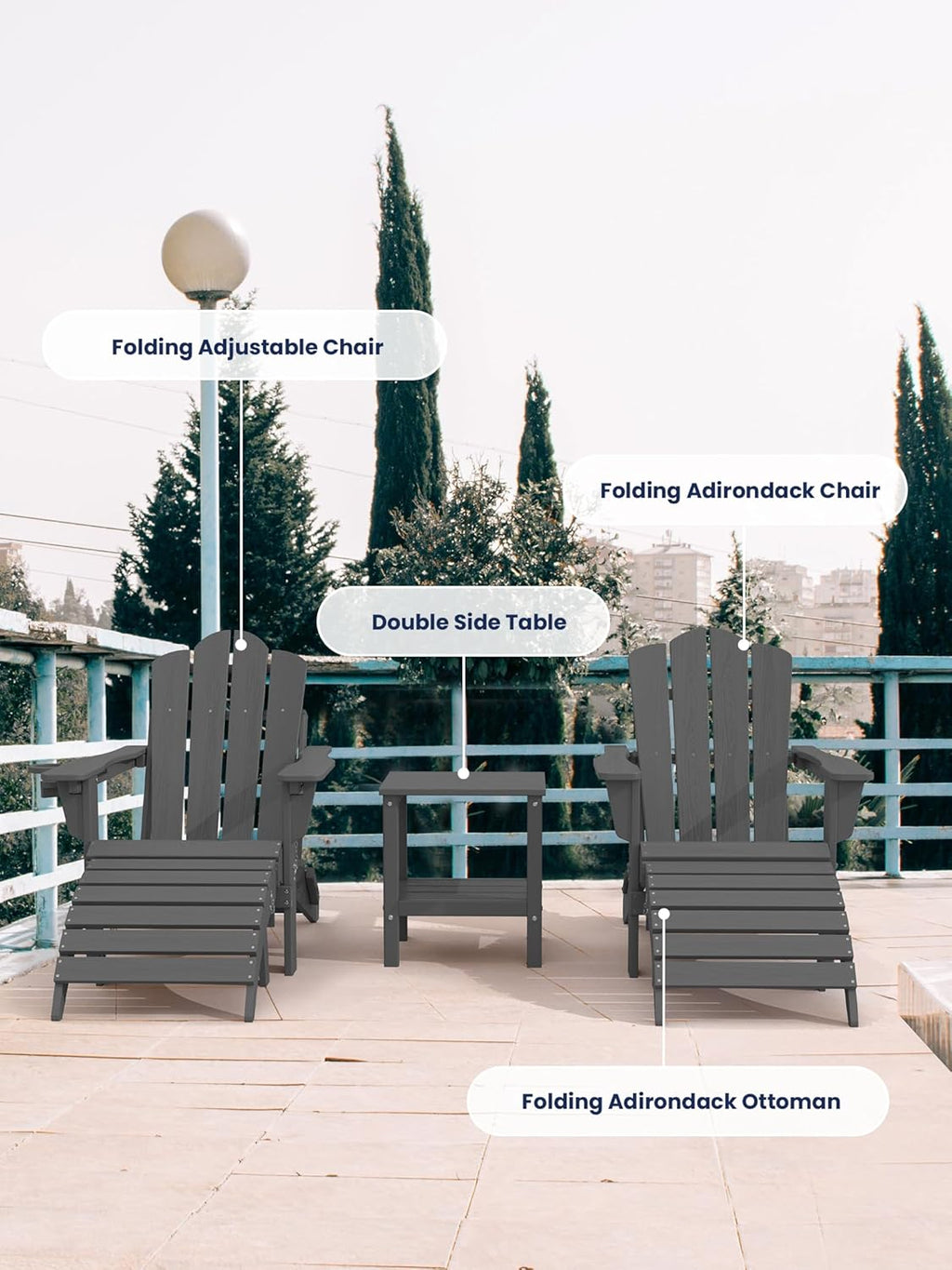 KINGYES Folding Adirondack Ottoman Set of 2 for Adirondack Chair, Grey