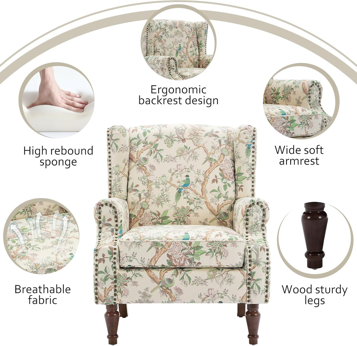 Lumibee High Back Accent Chair, Armchair in Fabric,Comfy Upholstered Wingback Single Sofa Reading Chair with Solid Wood Legs for Living Room,Bedroom,Office-Bird