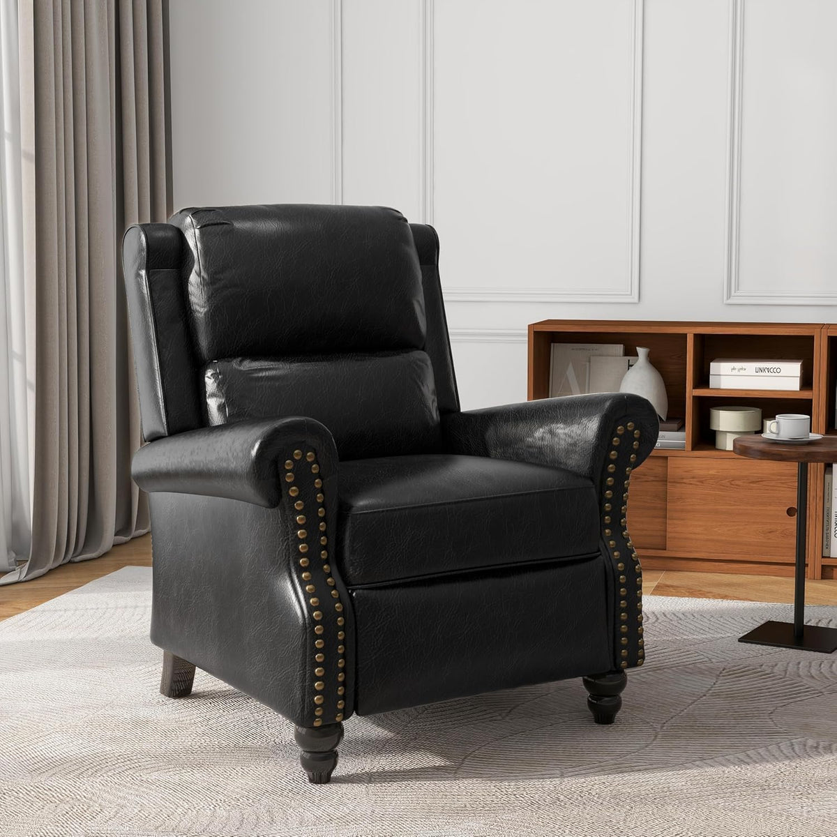 UIXE Pushback Recliner Chair, PU Leather Armchair Push Back Accent Chair for Living Room, Rivet Trim Club Chair Home Theater Overstuffed Single Sofa Bedroom Reading Seat - Black
