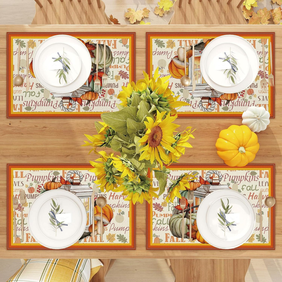 Linen Fall Placemats Set of 4 - Farmhouse Table Mats for Home Decor - Autumn Thanksgiving Kitchen Dining Room Table Decorations