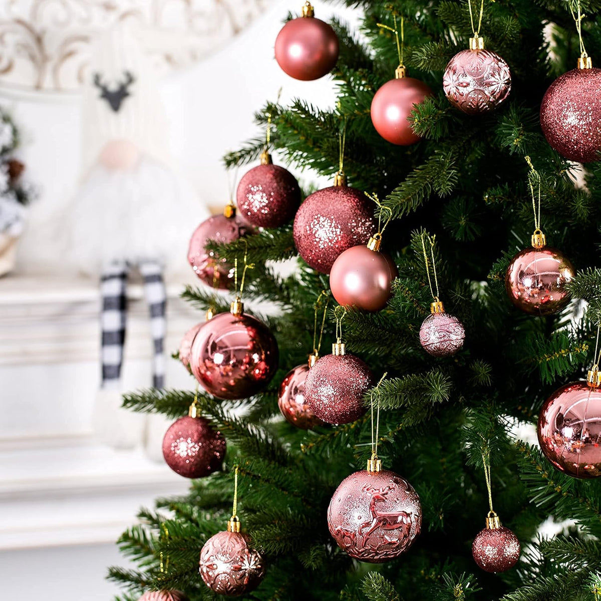 Senjie Rose Gold Shatterproof Christmas Ornaments, 32 Pcs, Plastic, Hanging, Christmas, Wedding