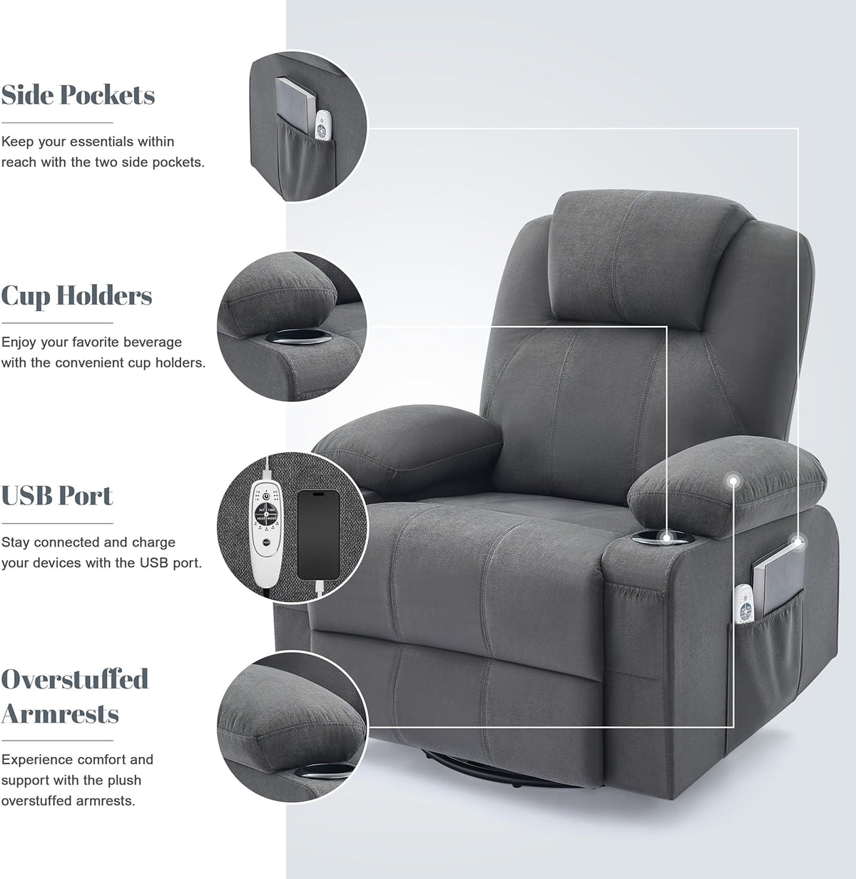 Oversized Swivel Rocker Recliner Chair with Heat and Massage, 360 Degree Swivel Rocking Single Sofa with Cup Holders and USB Port, Big Large Recliner Chair for Living Room (Fabric, Darkgrey)