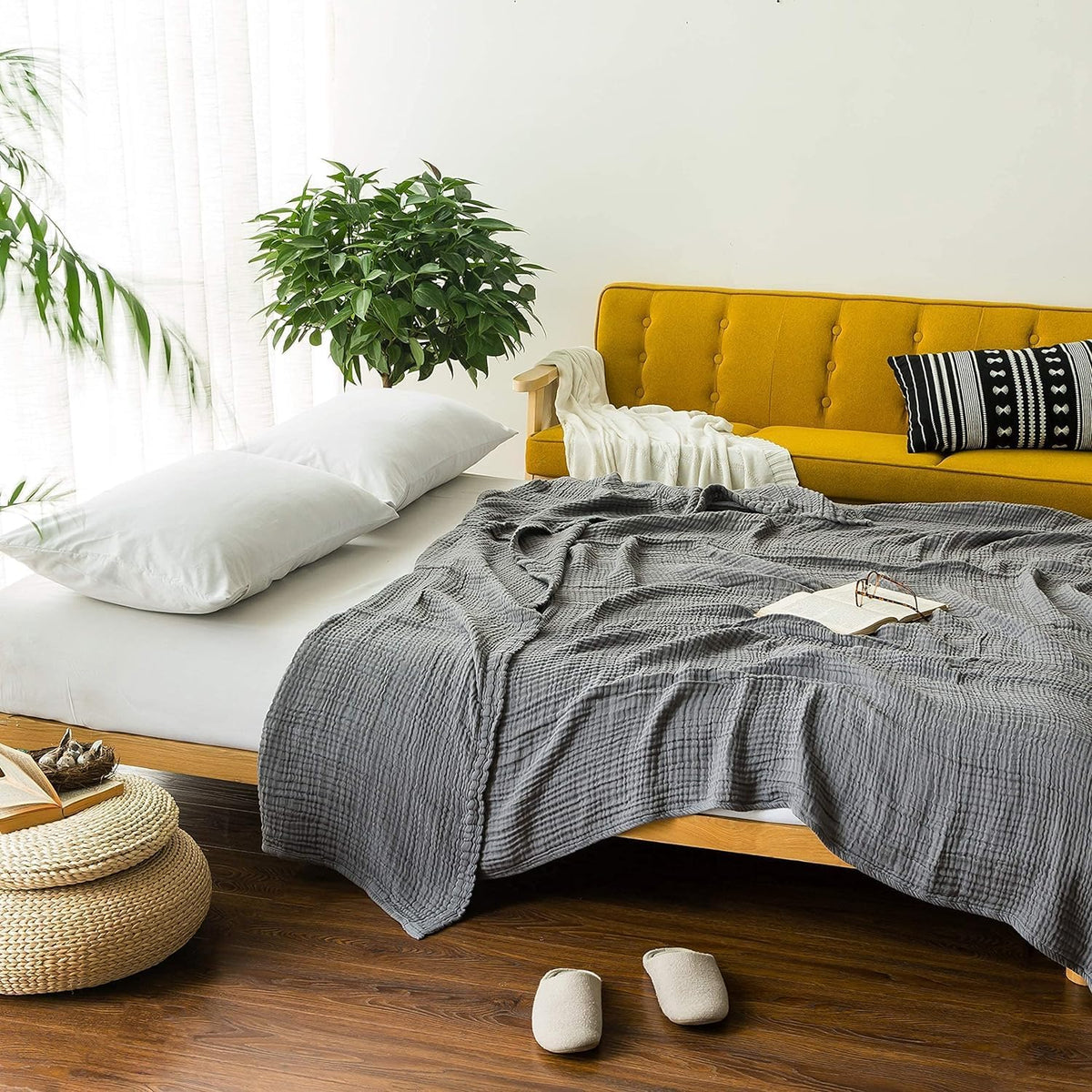 EMME Cotton Blanket Muslin Throw Blanket for Couch Breathable Gauze Blanket All Season Soft and Lightweight Muslin Blankets for Adults (Grey, 50"x70")