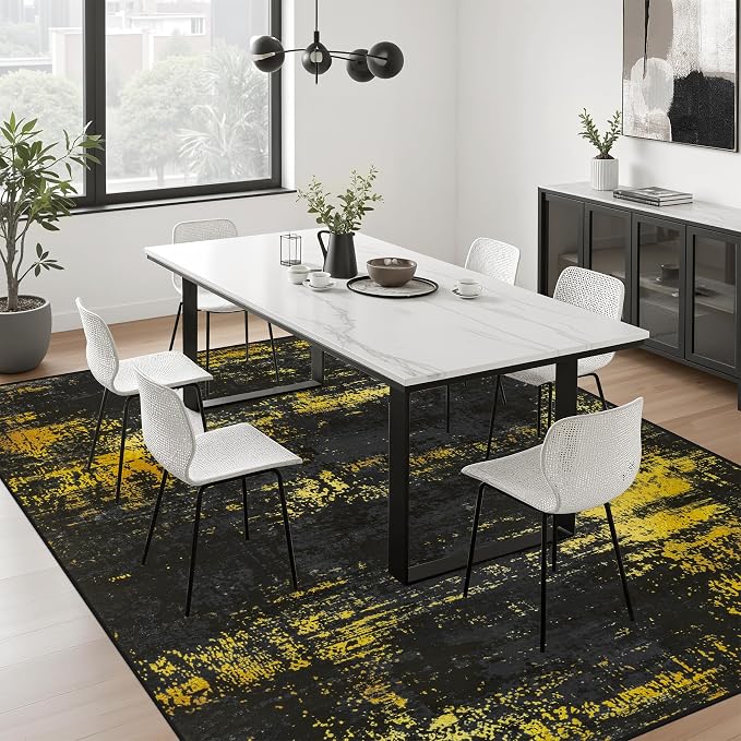 10x12 Area Rug Living Room: Modern Washable Soft Carpet Black Gold | - Image 4
