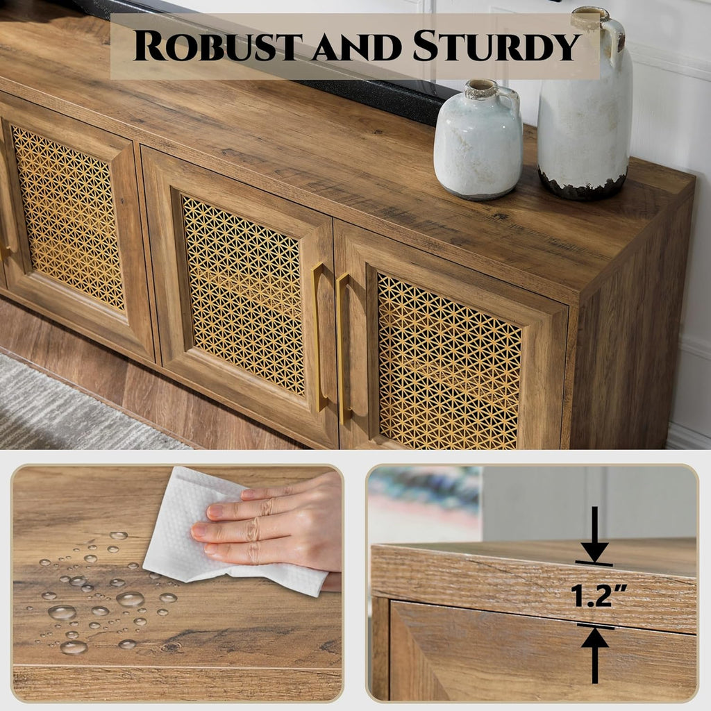 JYED Mid Century Modern TV Stand for TVs up to 75 Inch, with Hollow Metal Mesh Decorated，Boho TV Console with Storage Cabinet,Cable Holes, TV Stand for Living Room, 69.5"x15.6"x24.8", Rustic