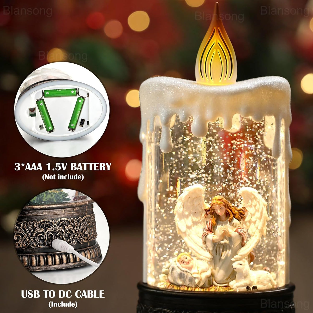 Nativity Snow Globe Candle Christmas Decorations Gifts Auto Snowfall Glitter Music Collection Angel Nativity Scene with 6H Timer USB/Battery Powered 9.7 inch