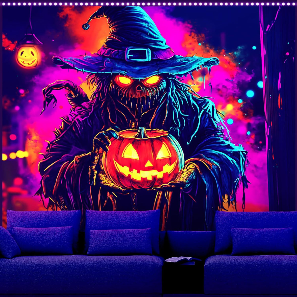 AOHMPT Glow-in-the-Dark Halloween Tapestry - UV Reactive Black Light Wall Hanging Decor for Spooky Parties, Bedroom, Living Room (Scarecrow-Pumpkin, 59" L x 51" W, Unframed)