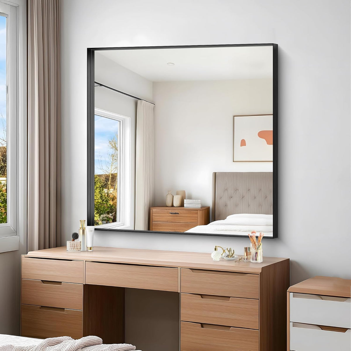 Black Bathroom Mirror, 42x42 Inch Rectangular Framed Mirror, Large Wall Mounted Bathroom Vanity Mirror Over Sink for Bedroom,Restroom, Living Room, Hangs Vertically or Horizontally