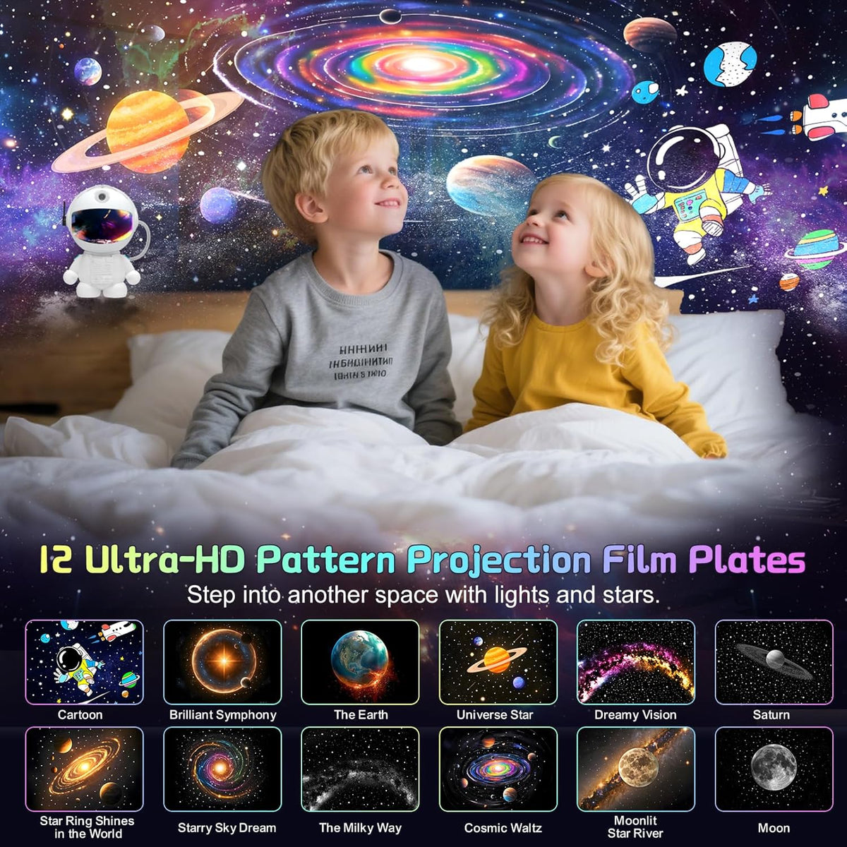 Space Galaxy Night Light Projector, Ultra-HD Astronaut Design, 12 Film Discs, LED Display with Adjustable Brightness