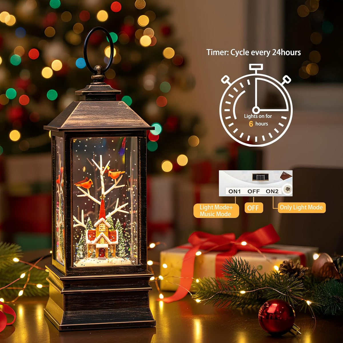 Christmas Snow Globe Lantern Water Glittering Cardinal & Church with Music & Timer, USB Lined/Battery Operated Lighted Lantern for Christmas Festival Decoration Gifts