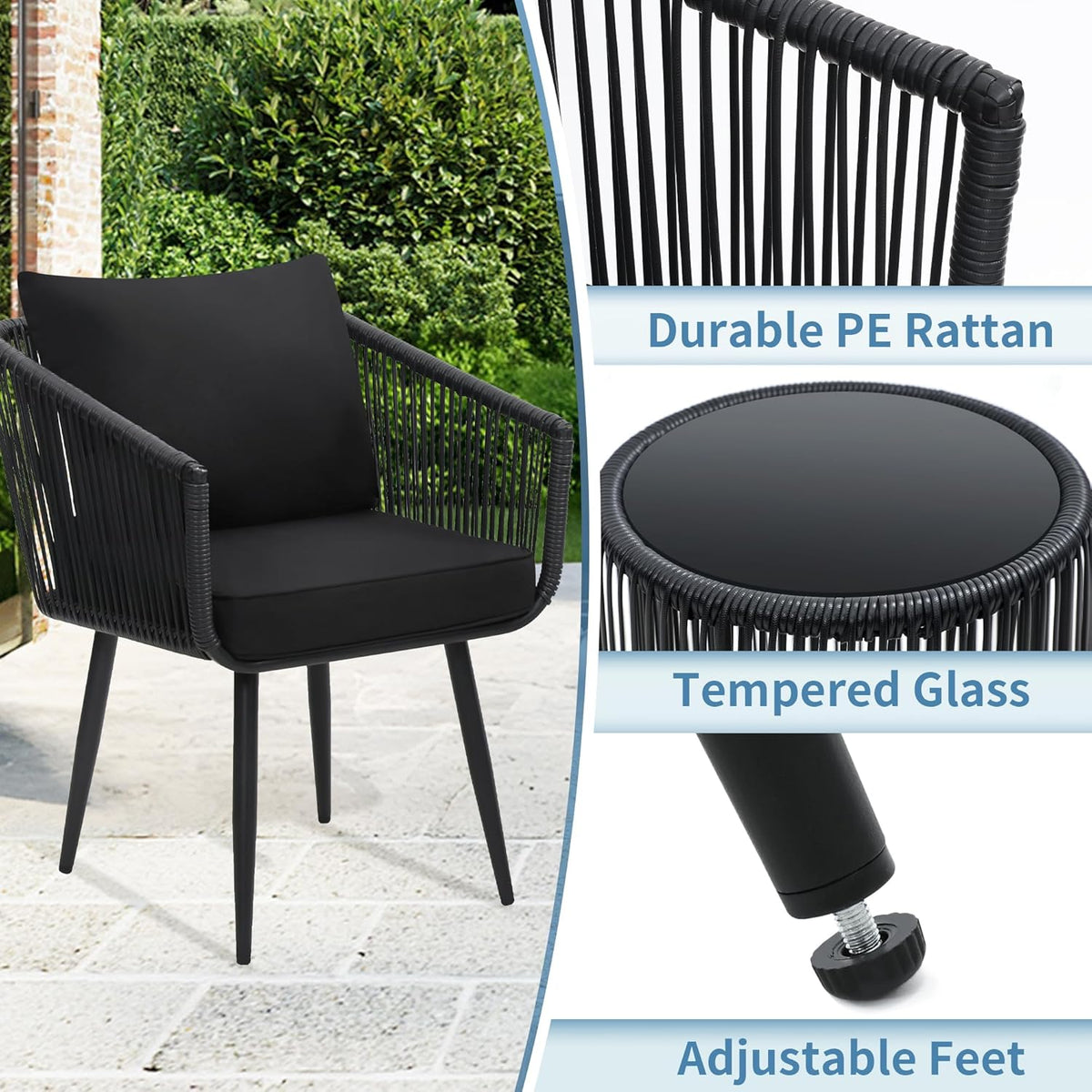 Kromax 3 Pieces Patio Rattan Bistro Conversation Set, Outdoor All-Weather Wicker Furniture Chairs and Side Table Set Ideal for Balcony, Porch and Backyard, Black