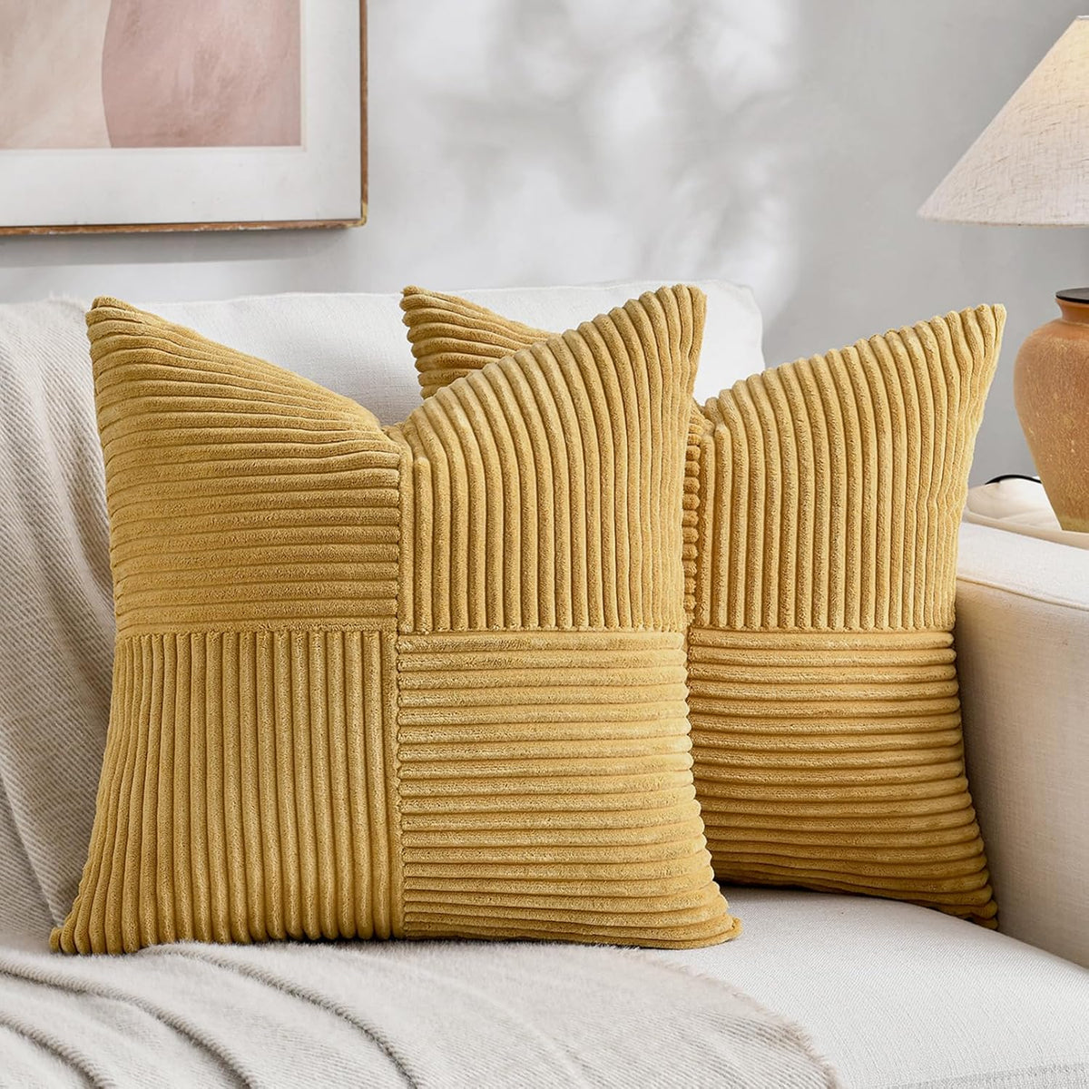 Fancy Homi 2 Packs Mustard Yellow Decorative Throw Pillow Covers 20x20 Inch for Living Room Couch Bed Sofa, Farmhouse Boho Home Decor, Soft Corss Corduroy Patchwork Accent Square Cushion Case 50x50 cm