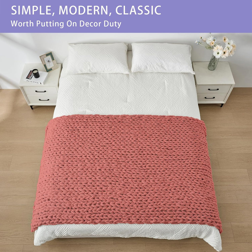 Bigacogo Chunky Knit Throw Blanket for Couch, 40x80 inches, 100% Hand Knitted with Thick Jumbo Chenille Yarn, Cozy Soft Large Rope Knot Cable Crochet Blankets for Sofa Bed Living Room, Antique Red