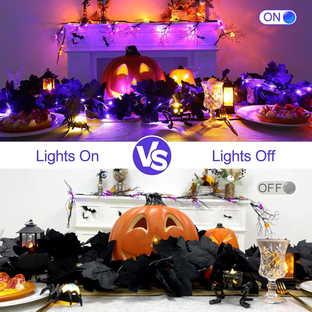 Joyhalo 2 Pack Halloween Garland with Lights, Black Maple Leaves Lighted Garland for Mantle, 5.7FT Light Up Leaf Autumn Vines Outdoor for Door Frame, Fireplace and Thanksgiving Fall Decor