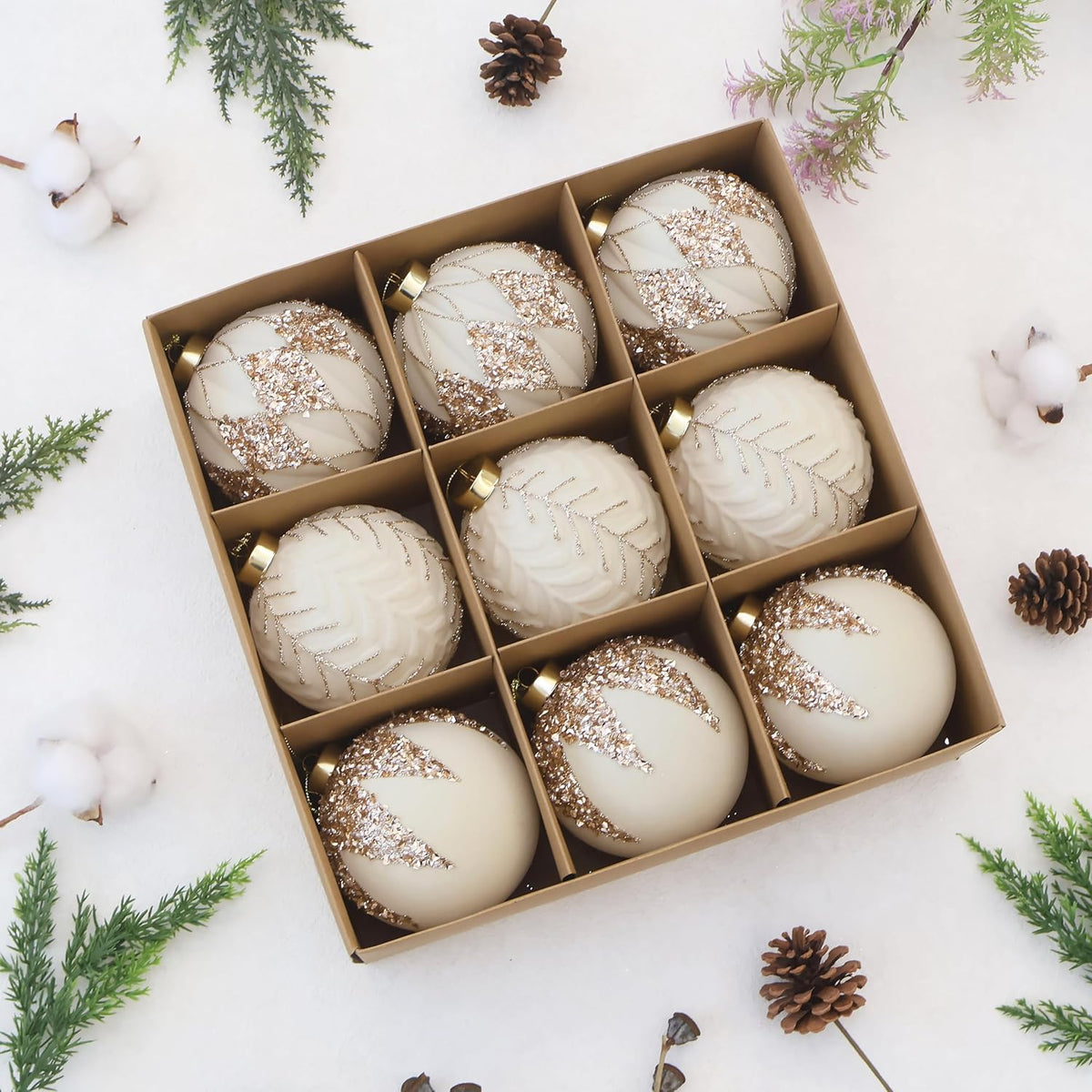 4inch Velvet Ornaments for Christmas Tree, 9PCS Glitter Flocked Christmas Ornaments Decorations Balls Set Decor Beige