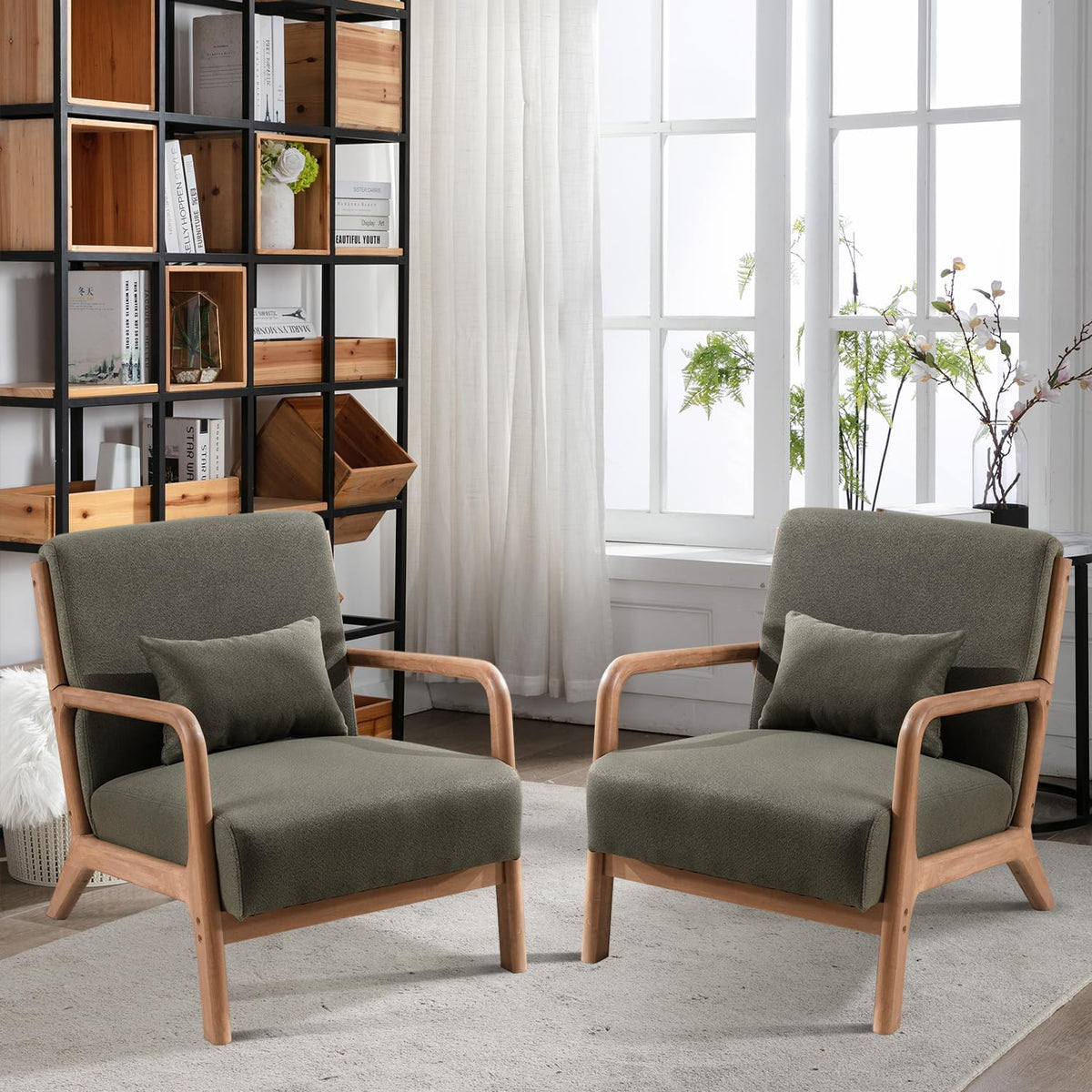 INZOY Mid-Century Modern Accent Chair Set of 2, Green Living Room Chairs with Waist Cushion, Upholstered Reading Armchair for Bedroom Sunroom