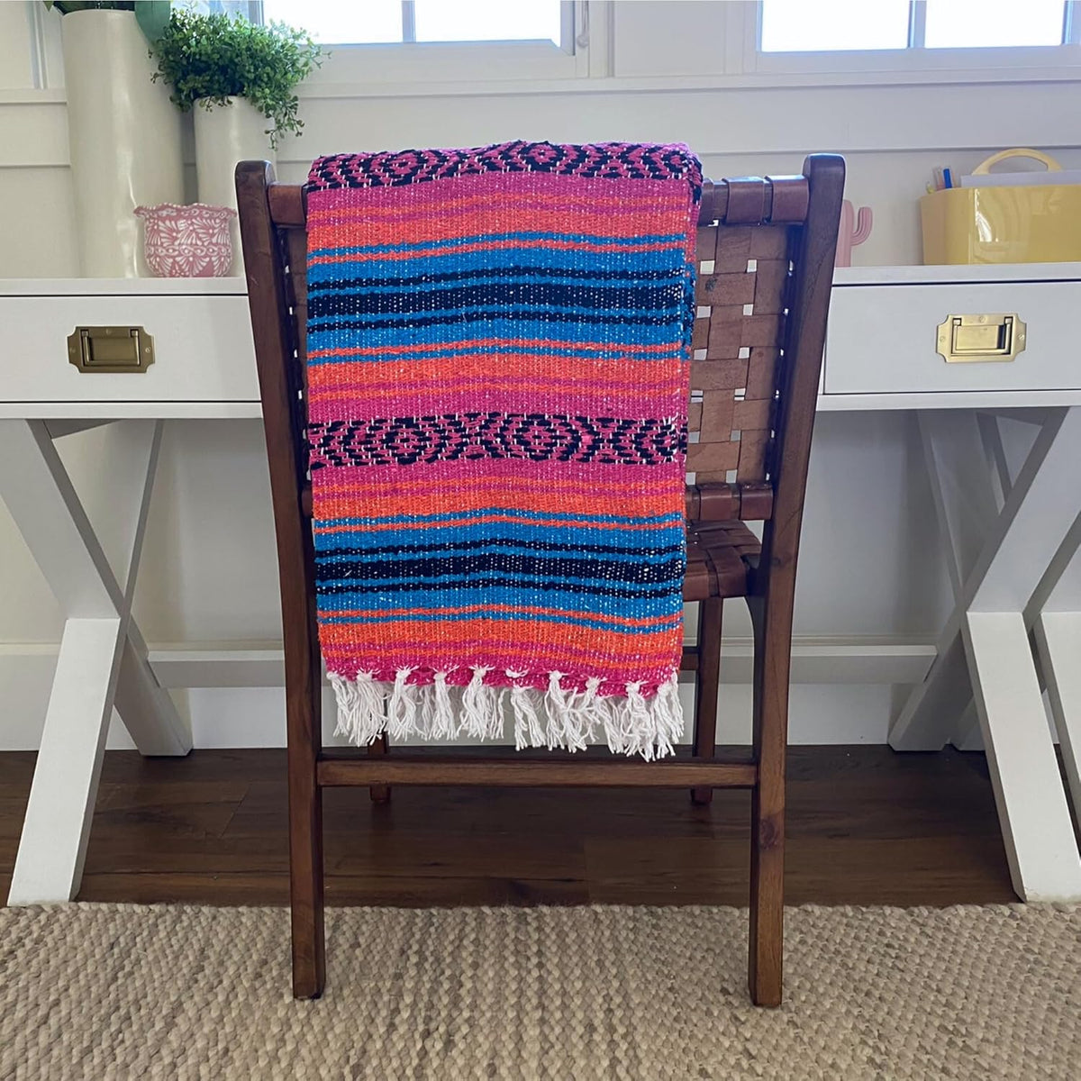 Del Mex Classic Mexican Blanket, Large Authentic Woven Falsa Throw (70"x50"), Artisan Southwest Décor for Beach, Yoga, Outdoors (Turquoise/Pink/Orange)