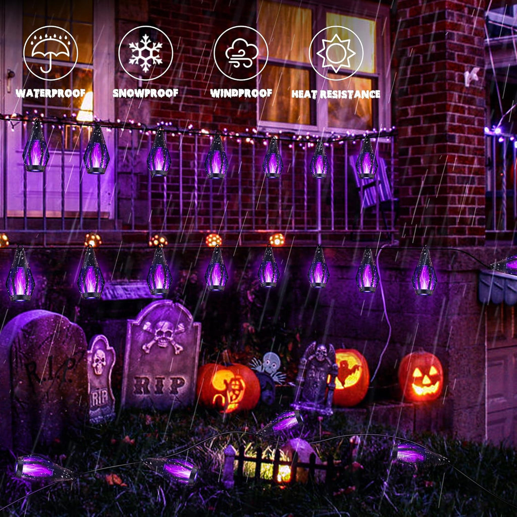 iBaycon Solar Halloween Lights, 42Ft 15 LED Bulbs Flickering Flame String Light, Outdoor Waterproof Solar Flame Lights for Garden Yard Patio Halloween Decorations (Purple)