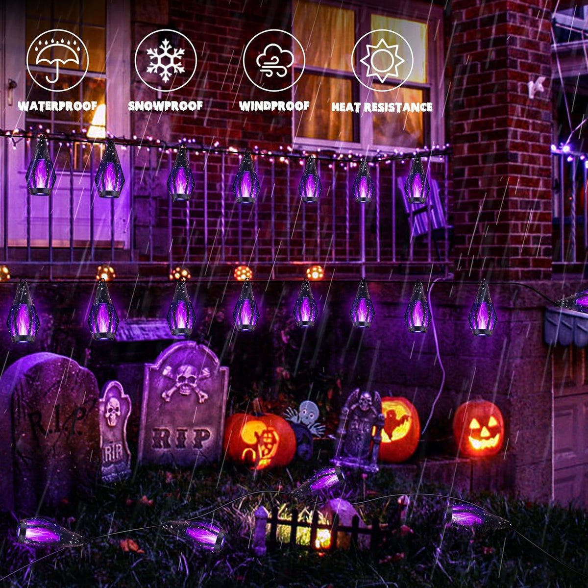 iBaycon Solar Halloween Lights, 42Ft 15 LED Bulbs Flickering Flame String Light, Outdoor Waterproof Solar Flame Lights for Garden Yard Patio Halloween Decorations (Purple)
