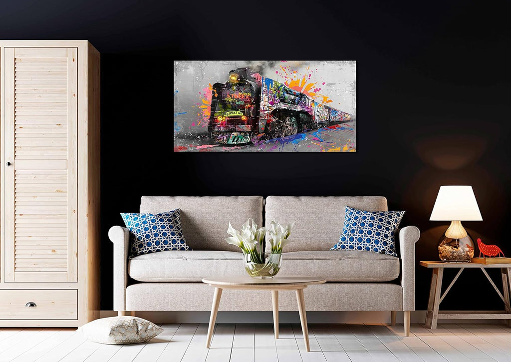 JKWALL77 Graffiti Train Wall-Art - Banksy Canvas Wall Art For Living Room - Modern Art Wall Decor Ready To Hang Size 40" x 20"