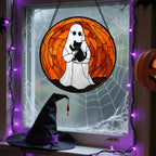 Stained Glass Window Hanging - Halloween Cute White Ghost Black Cat Suncatcher for Doors Garden Home Spooky Orange Sun Catchers Gothic Decor Horror Gift for Women Men Friend Boy Girl 11.8 in