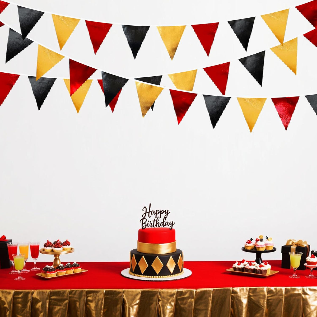 Red Black Gold Party Decorations Metallic Fabric Triangle Pennant Banner Flag Bunting Garland for Graduation Birthday Anniversary Pirate Poker Casino Las Vegas Christmas Holiday Party Supplies