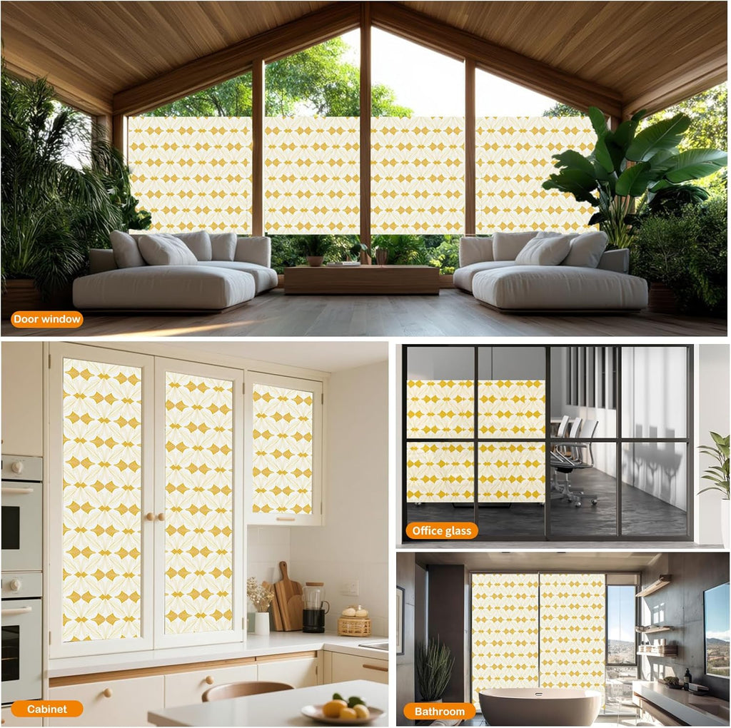 Window Privacy Film Stained Glass Decorative Static Clings Frosted Window Tint for Home Room Decor Bathroom Door Car Stickers with Glittering Effect, Removable(Golden Geometry)