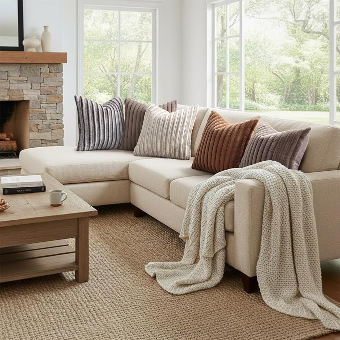 decorUhome Fall Faux Fur Throw Pillow Covers 24x24 Set of 2 Beige White | - Image 7