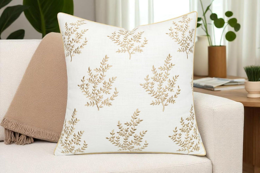 VAGMINE Embroidered Leaves Throw Pillow Cover - 20x20 Inches Square - 100% Cotton Ivory Cushion Cover - Delicate Leaf Stitchwork - Chic Home Accent for Sofa, Lounge, Rustic Farmhouse Décor