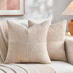 Fancy Homi 2 Packs Tan Decorative Throw Pillow Covers 20x20 Inch for Living Room Couch Bed Sofa, Farmhouse Boho Home Decor, Soft Corss Corduroy Patchwork Accent Square Beige Cushion Case 50x50 cm