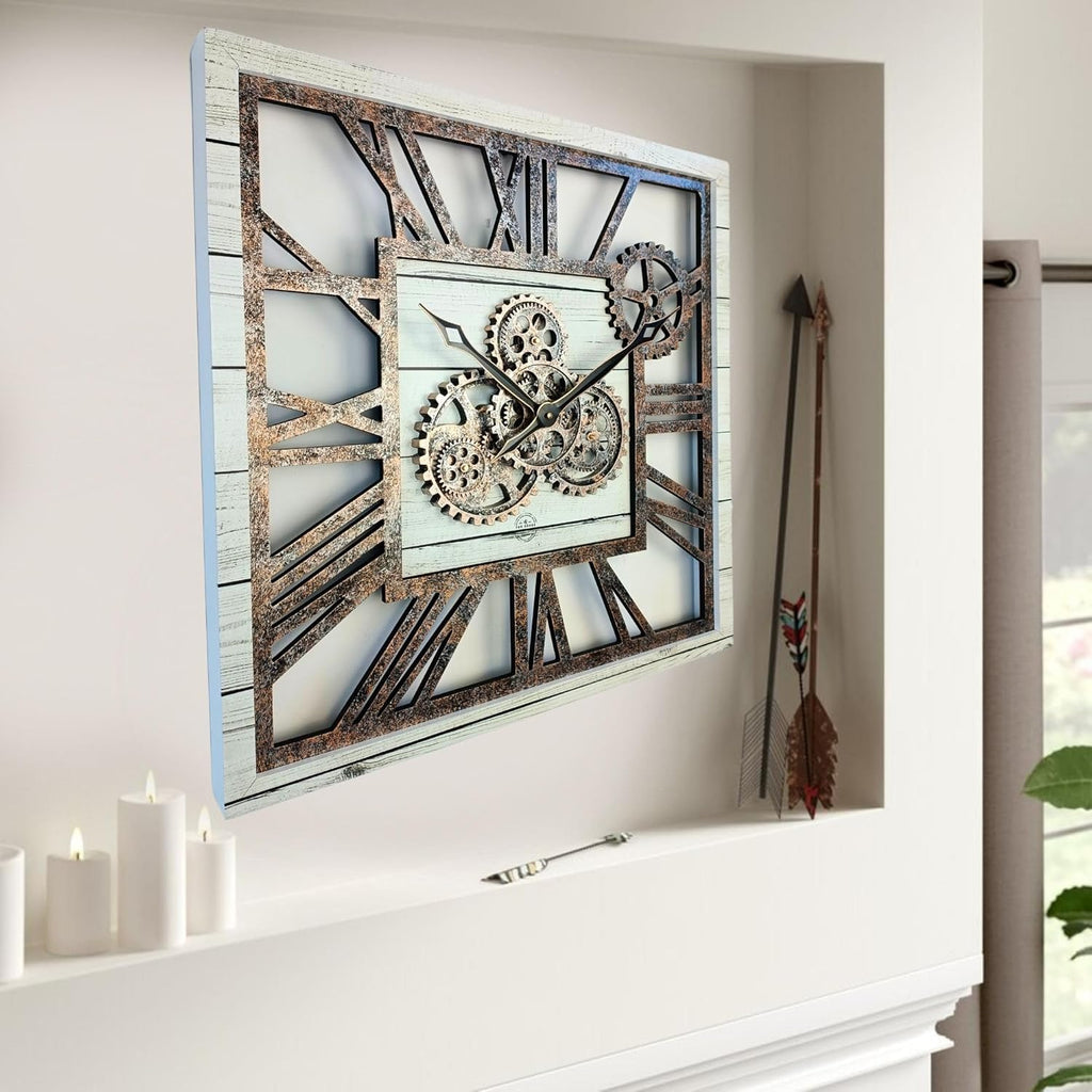 The Gears Clock 24'' Inch Square Real Moving Gear Wall Clock Vintage Industrial Oversized Rustic Farmhouse (White Farmhouse)