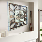 The Gears Clock 24'' Inch Square Real Moving Gear Wall Clock Vintage Industrial Oversized Rustic Farmhouse (White Farmhouse)