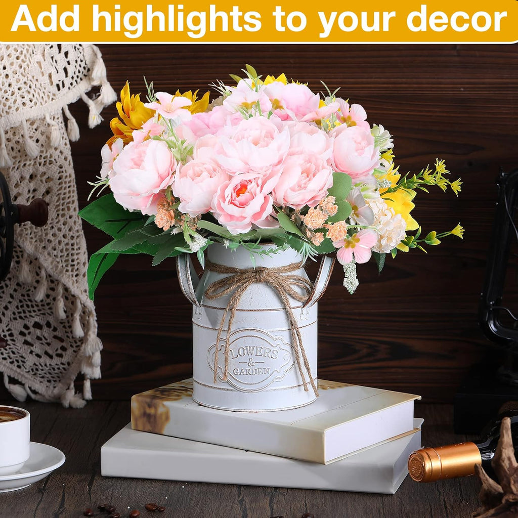 6 Inch Farmhouse Vase Decor Milk Can Vintage Flower Jug Galvanized Metal Vase with Handle Rustic Flower Buckets for Thanksgiving Christmas Table Centerpiece Weddings Gifts(Retro White,16 Pcs)