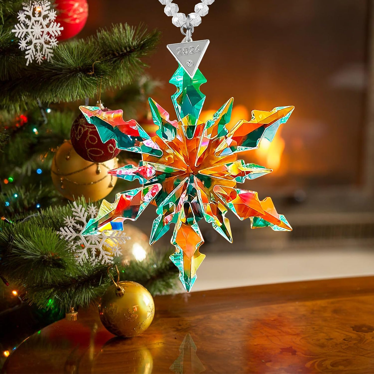 2024 Annual Christmas Ornaments Snowflake Star Clear White Faceted Crystal with Tone Metal Accents and Rayon Ribbon-New Year Christmas Tree Ornaments Crystal Sun Catcher Home Hanging Decor