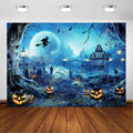 Avezano Halloween Photography Backdrop Full Moon Scary Night Castle Pumpkins Party Background Spooky Witch Bats Cemetery Child Kids Halloween Party Decorations Photoshoot Backdrops (8x6ft, Blue)