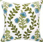 Alysheer Floral Embroidered Summer Decorative Throw Pillow Cover 18"x 18", Farmhouse Cottage Blue Flowers Green Leaves Knit Pattern Cotton Canvas Cushion Case for Sofa Couch Bed Living Room Decor