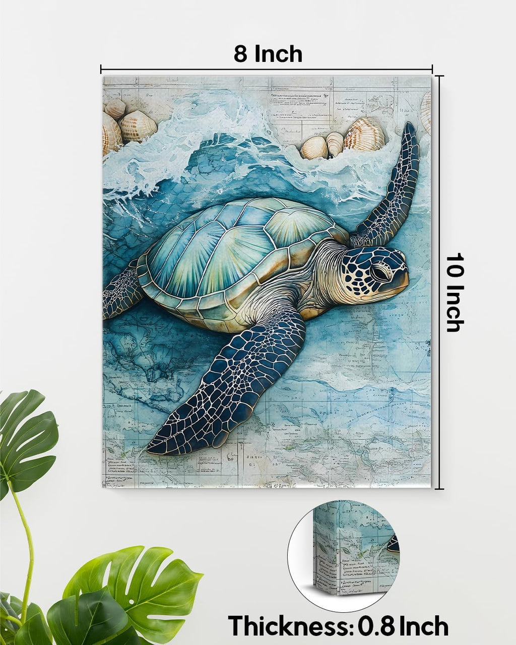 Coastal Sea Turtle Canvas Wall Art Turtle Nautical Ocean Theme Print Poster Framed Picture Painting for Home Beach House Bedroom Wall Decor 8x10 Inch