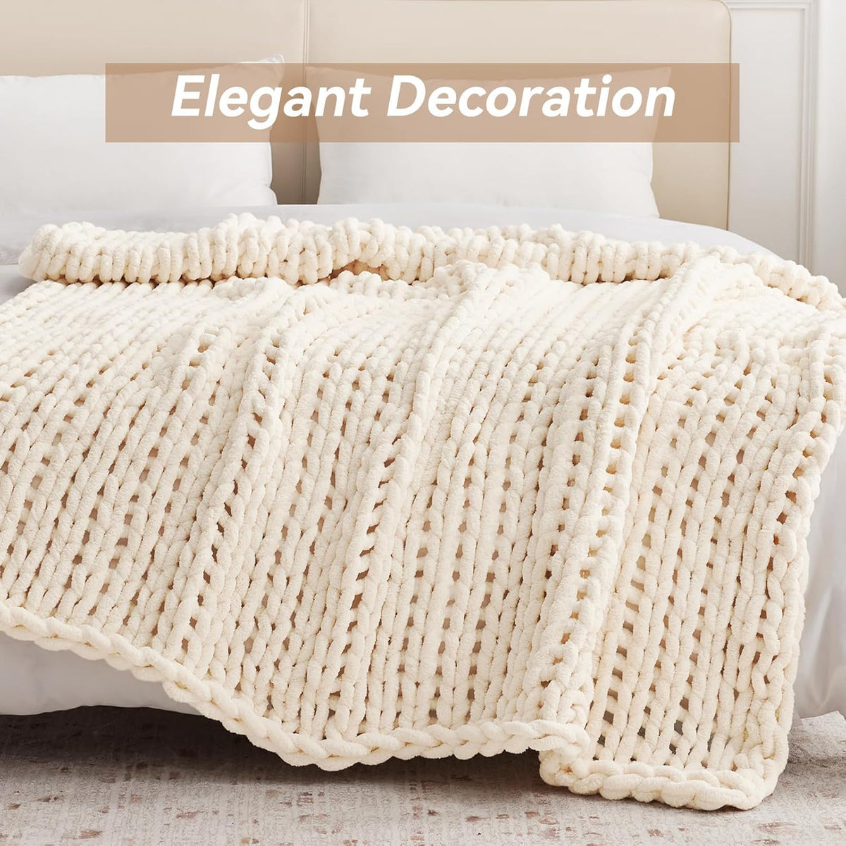 Chunky Knit Throw Blanket, 30''*40'' Knitted Throw Chenille Yarn for Bed Couch, Handmade Cream Crochet Big Thick Blanket, Machine Washable Cute Comfy Blanket for Home Decor