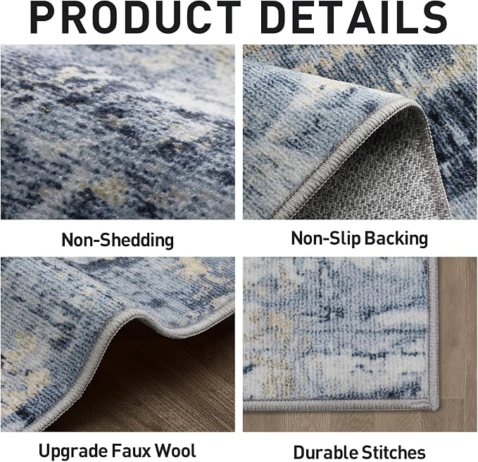 9x12 Area Rugs for Living Room: Washable Abstract Blue Gold Badroom Carpet | - Image 5