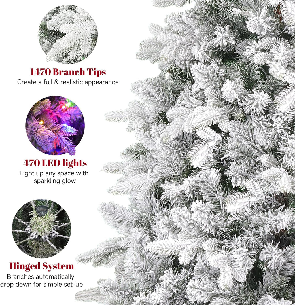 7.5FT Snow Flocked Pre-Lit Christmas Tree with 360° Rotating Base, 1470 PE/PVC Tips, 470 LED Lights, 8 Modes, Dimmable and Timer Functions, Musical Artificial Xmas Tree for Holiday Decor