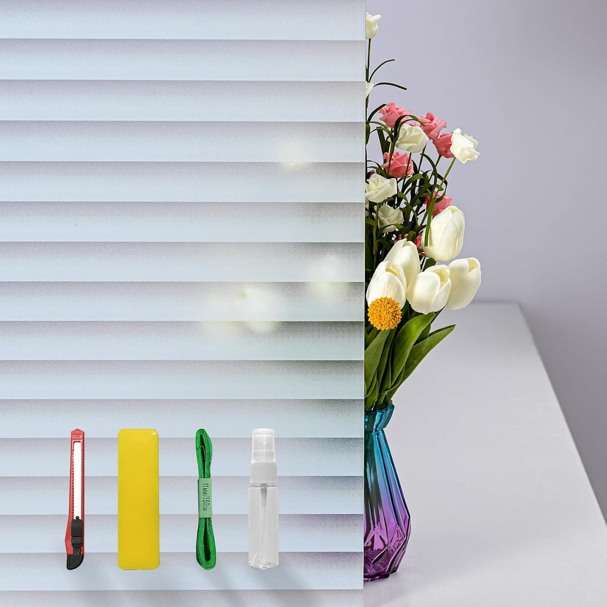 Window Privacy Film with Installation Tools, Blinds Pattern, Static Cling, Anti UV, Heat Control, Ideal for Home Shower Office Glass Door (Blinds Pattern, 17.5X118.1Inch)