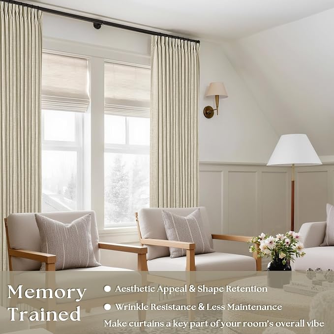 Beige Pinch Pleated Linen Curtains 112 Inches Long 2 Panels | Memory Training - Image 4