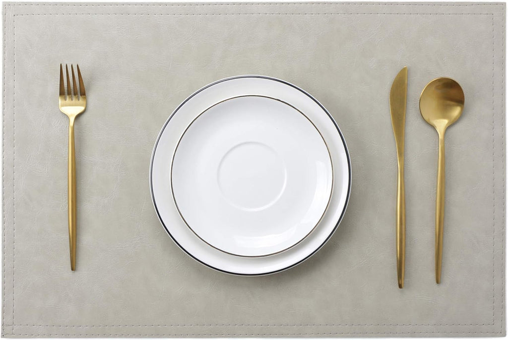Waterproof PU Placemats,Set of 8, Faux Leather Dining Table Mat, Easy to Wipe Off Scrub Vinyl Mat, Heat & Stain Resistant for Office Conference Table, Home Decor G Parchment White