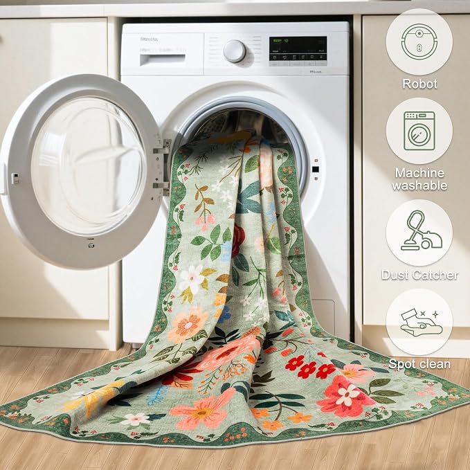 PLHXFR 2.6x8 Washable Runner Rug：Floral Indoor Kitchen Soft Carpet Green | - Image 7